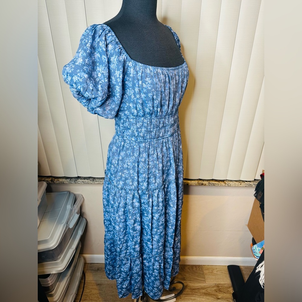 Trixxi  Blue Floral Chiffon Fluttered Sleeve Tiered Lined Dress Size XL - Picture 3 of 9